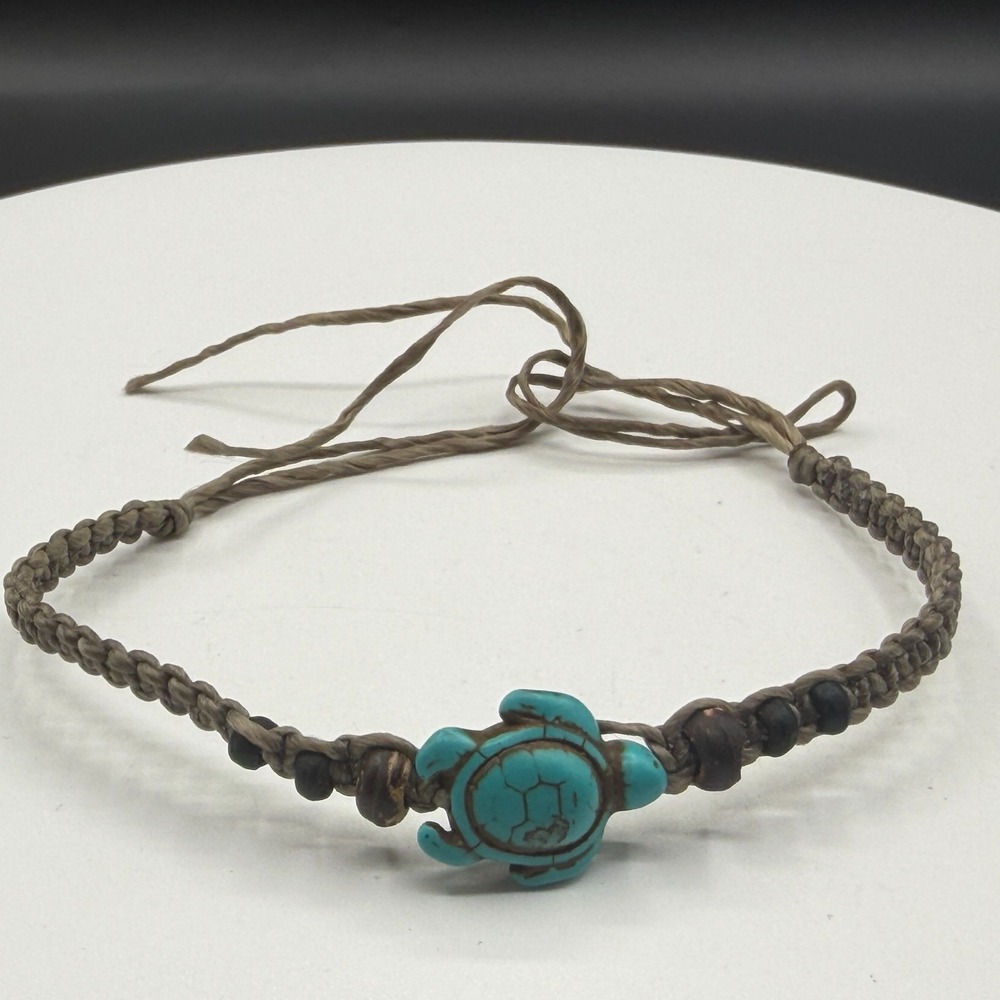 Turquoise Sea Turtle Bracelet Brown Beads Macrame Adjustable Boho Beach Gift
